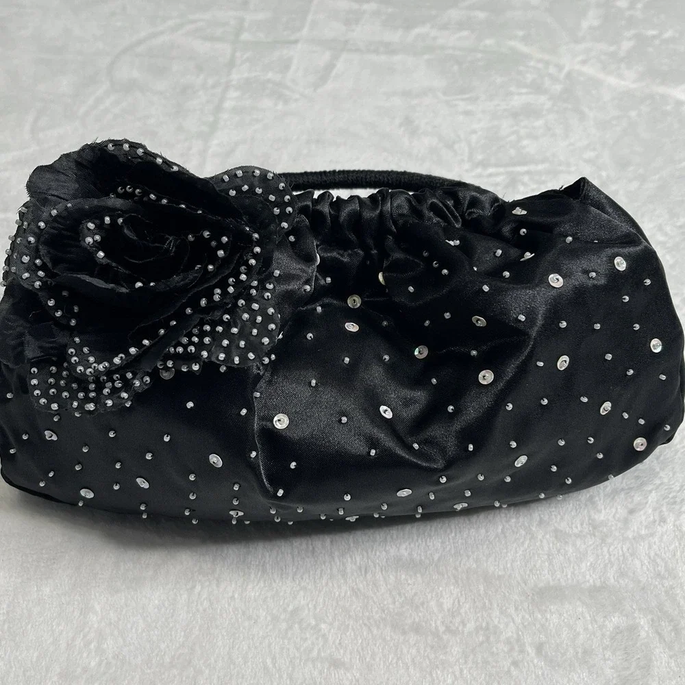 Black Beaded Evening wedding party  Purse/Handbag‎ Hoop Handles Satin Feel